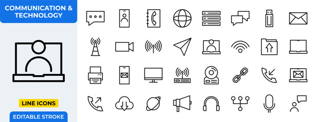 Poster - Communication and Technology Line Editable Icons set. Vector illustration in modern Line style of digital network and connectivity related icons: chat, phone, globe, Wi-Fi, email, camera, and more