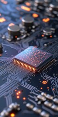 Poster - A close up of a computer chip with a glowing design. Concept of technology and innovation, as well as the intricate and complex nature of computer hardware
