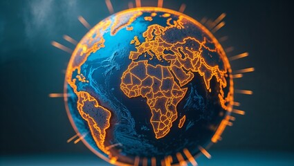 Poster - Glowing representation of the Earth showcasing continents with bright outlines against a dark background