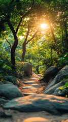 Wall Mural - Winding path through rugged rocky terrain surrounded by large boulders. A serene natural landscape evoking a sense of solitude, adventure, and exploration. Blurred background adds depth and calm.

