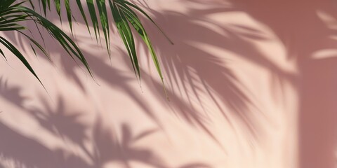 Poster - Shadows of green leaves dancing on a soft pink wall during afternoon sunlight