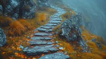 Wall Mural - Winding path through rugged rocky terrain surrounded by large boulders. A serene natural landscape evoking a sense of solitude, adventure, and exploration. Blurred background adds depth and calm.

