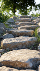 Wall Mural - Winding path through rugged rocky terrain surrounded by large boulders. A serene natural landscape evoking a sense of solitude, adventure, and exploration. Blurred background adds depth and calm.

