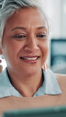 Aufkleber - Mature, happy woman and laughing with tablet at office for social media, funny joke or post. Female person, employee or smile with technology or humor for app, connection or network at workplace