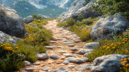 Wall Mural - Winding path through rugged rocky terrain surrounded by large boulders. A serene natural landscape evoking a sense of solitude, adventure, and exploration. Blurred background adds depth and calm.


