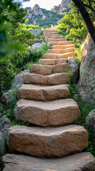 Wall Mural - Winding path through rugged rocky terrain surrounded by large boulders. A serene natural landscape evoking a sense of solitude, adventure, and exploration. Blurred background adds depth and calm.

