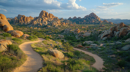 Wall Mural - Winding path through rugged rocky terrain surrounded by large boulders. A serene natural landscape evoking a sense of solitude, adventure, and exploration. Blurred background adds depth and calm.

