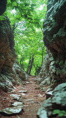 Wall Mural - Winding path through rugged rocky terrain surrounded by large boulders. A serene natural landscape evoking a sense of solitude, adventure, and exploration. Blurred background adds depth and calm.

