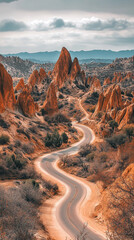 Wall Mural - Winding path through rugged rocky terrain surrounded by large boulders. A serene natural landscape evoking a sense of solitude, adventure, and exploration. Blurred background adds depth and calm.


