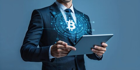 Poster - Business professional interacts with digital bitcoin symbol on tablet in modern office setting during daytime
