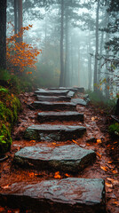 Wall Mural - Winding path through rugged rocky terrain surrounded by large boulders. A serene natural landscape evoking a sense of solitude, adventure, and exploration. Blurred background adds depth and calm.


