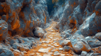 Wall Mural - Winding path through rugged rocky terrain surrounded by large boulders. A serene natural landscape evoking a sense of solitude, adventure, and exploration. Blurred background adds depth and calm.

