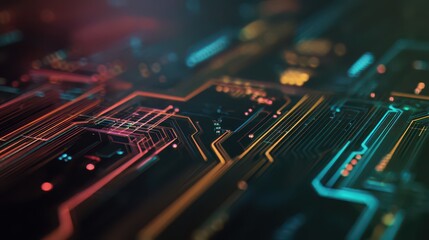 Fototapete - Abstract digital circuit board background with glowing lines and colorful patterns representing technology, innovation, and connectivity in a modern design
