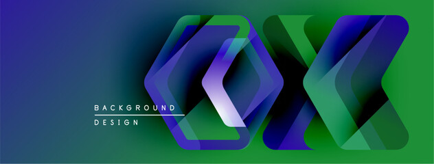 Poster - Abstract geometric design. Vibrant gradients blend blues, greens, purples. Overlapping shapes create depth, modern aesthetic. Text reads background design.