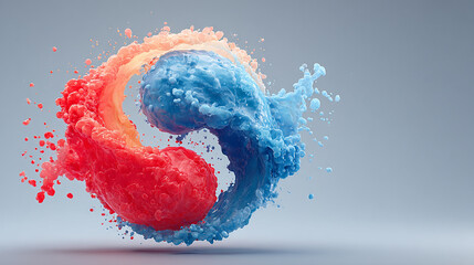 Wall Mural - Yin yang symbol with dynamic red fire and flowing blue water elements in motion, set against a clean, blurred background. A striking visual of balance, duality, and harmony in dark modern tones.


