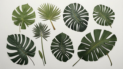  Tropical Green Monstera And Palm Leaves On A White Background Image