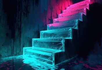 Fototapete - Futuristic glowing stairs illuminated in vibrant pink and blue hues
