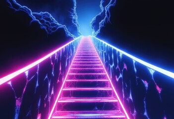 Aufkleber - Neon staircase leading to a bright light, symbolizing a journey or transition