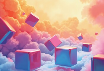 Poster - Colorful cubes floating in a dreamy cloudscape, creating a surreal atmosphere