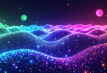 Poster - Vibrant digital landscape of shimmering waves under a cosmic sky