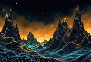 Poster - Abstract landscape of mountains with glowing peaks and a starry sky
