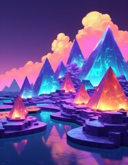 Poster - Vibrant digital landscape featuring glowing pyramids and colorful clouds