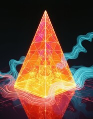 Fototapete - Glowing orange pyramid with vibrant light trails and reflections