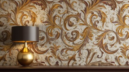 Poster - Elegant decorative wall with intricate gold and brown floral patterns complemented by a stylish lamp showcasing modern interior design aesthetics