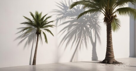 Wall Mural - Deep, textured palm tree shadow against a stark white wall  Tropical ambiance ,  plant life,  contrast