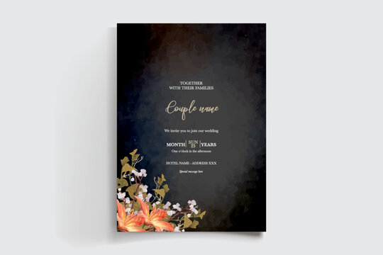 WEDDING INVITATION FRAME WITH FLOWER DECORATIONS AND FRESH LEAVES