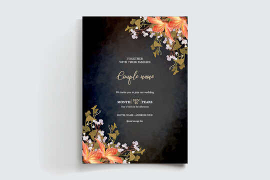 WEDDING INVITATION FRAME WITH FLOWER DECORATIONS AND FRESH LEAVES