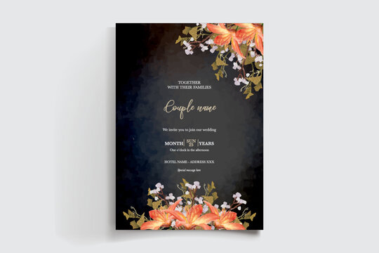 WEDDING INVITATION FRAME WITH FLOWER DECORATIONS AND FRESH LEAVES