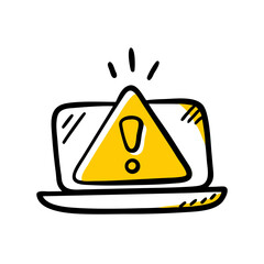 Poster - A doodle-style icon of a laptop displaying a yellow warning triangle with an exclamation mark. Useful for tech support blogs, error messages, or security alerts.