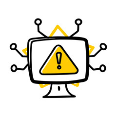 Poster - hand-drawn computer monitor with a warning triangle and network nodes, suitable for blogs or websites discussing system errors, cyber threats, or network security.