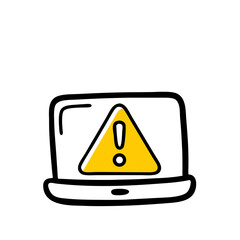 Poster - A doodle-style icon of a laptop displaying a yellow warning triangle with an exclamation mark. Useful for tech support blogs, error messages, or security alerts.