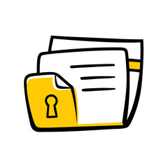 Aufkleber - A doodle-style illustration of documents secured with a padlock. Use for data security blogs, privacy policy pages, or confidential information content.