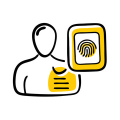 Aufkleber - An outline icon of a person with a fingerprint on a document, symbolizing biometric data or identity verification. Ideal for websites/blogs on security, privacy, technology, or personal data.