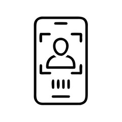 Poster - An outline icon of a smartphone with a person's face being scanned, representing face recognition technology. Ideal for websites/blogs on cybersecurity, biometrics, mobile security, or access control.