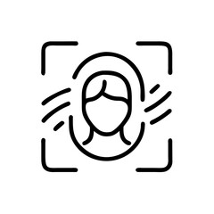 Poster - An icon depicting facial recognition technology with a face inside a scanning frame, suitable for websites or blogs discussing biometrics, identity verification, or security systems.