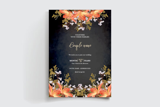 WEDDING INVITATION FRAME WITH FLOWER DECORATIONS AND FRESH LEAVES