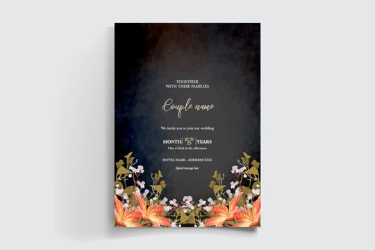 WEDDING INVITATION FRAME WITH FLOWER DECORATIONS AND FRESH LEAVES