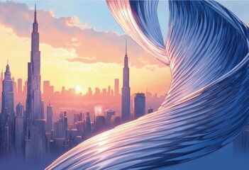 Poster - Abstract cityscape with flowing metallic ribbons at sunset