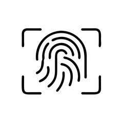 Poster - Black and white icon of a fingerprint being scanned within a bracketed area. Useful for security blogs, technology websites, or identity verification content.