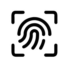 Poster - Black and white icon of a fingerprint being scanned within a bracketed area. Useful for security blogs, technology websites, or identity verification content.