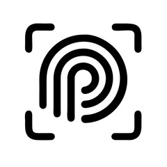 Poster - Black and white icon of a fingerprint being scanned within a bracketed area. Useful for security blogs, technology websites, or identity verification content.