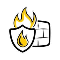 Aufkleber - An abstract illustration of a shield with a flame and a brick wall, symbolizing firewall protection. Ideal for websites/blogs on cybersecurity, safety, networks, or digital security.