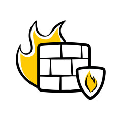 Aufkleber - An abstract illustration of a shield with a flame and a brick wall, symbolizing firewall protection. Ideal for websites/blogs on cybersecurity, safety, networks, or digital security.