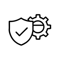 Poster - An outline icon of a shield with a checkmark and a gear, symbolizing system security and settings. Ideal for websites/blogs on cybersecurity, privacy, technology, or IT management.