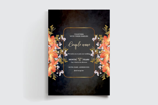 WEDDING INVITATION FRAME WITH FLOWER DECORATIONS AND FRESH LEAVES