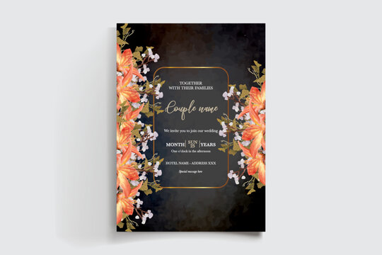 WEDDING INVITATION FRAME WITH FLOWER DECORATIONS AND FRESH LEAVES